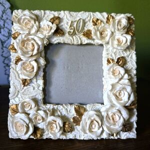 Ganz Elegant 50th Anniversary Frame In Cream Roses and Gold Leaves
